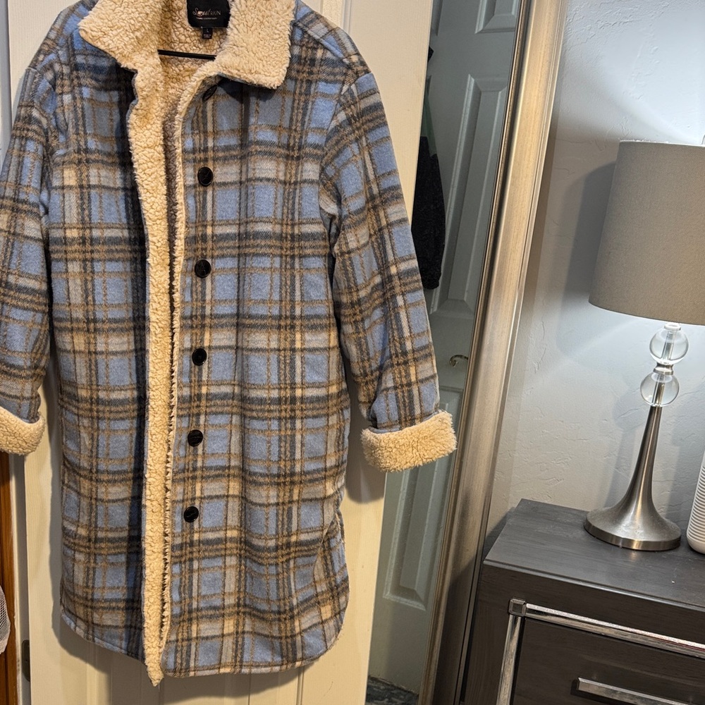 Sweet Rain Light Blue and Cream Sherpa Coat